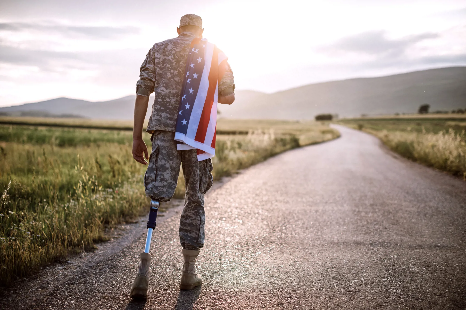 American Amputee Soldier On Road