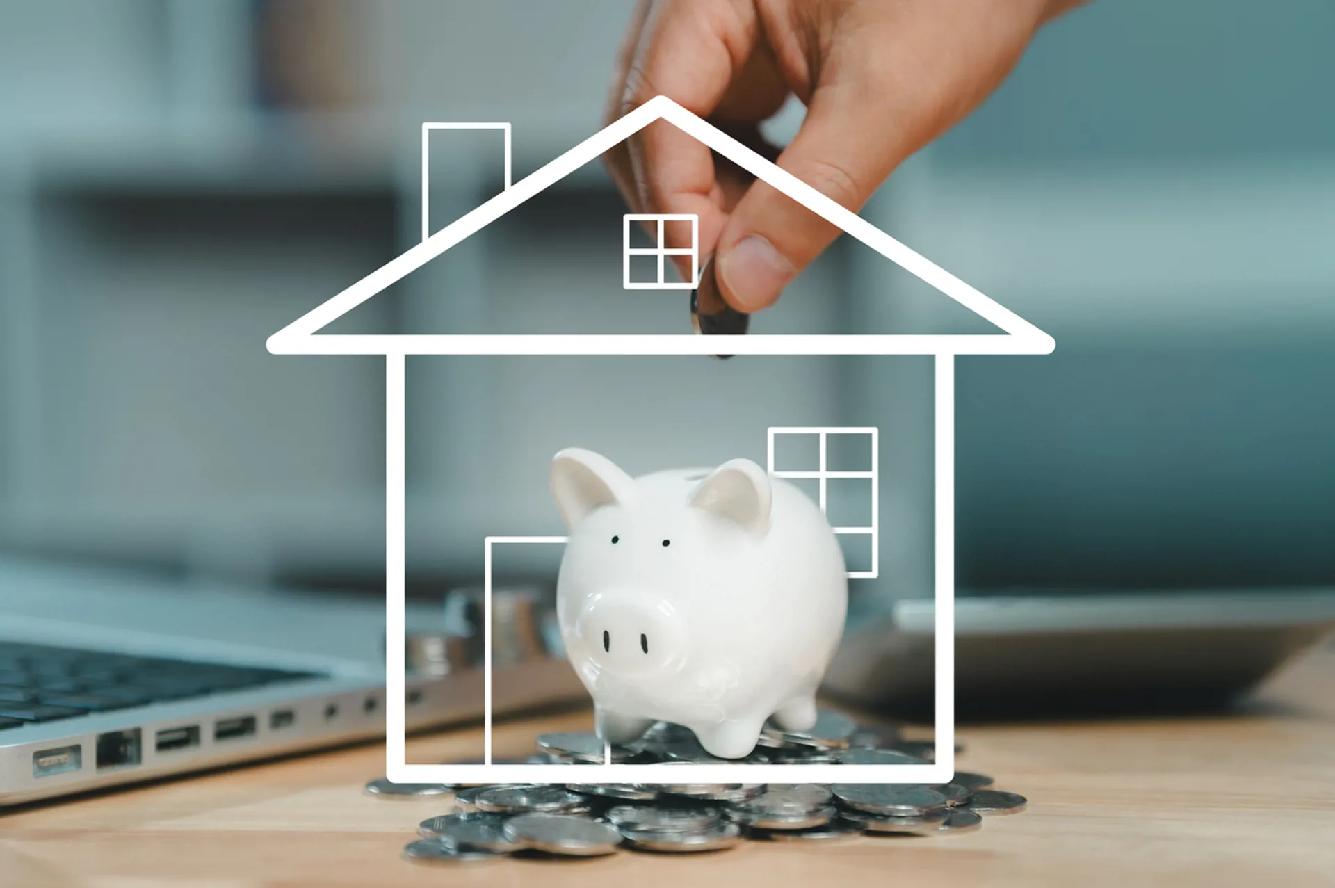 A hand dropping a coin into a piggy bank encased in a white line-art outline of a house, symbolizing the concept of saving money for a home purchase or mortgage