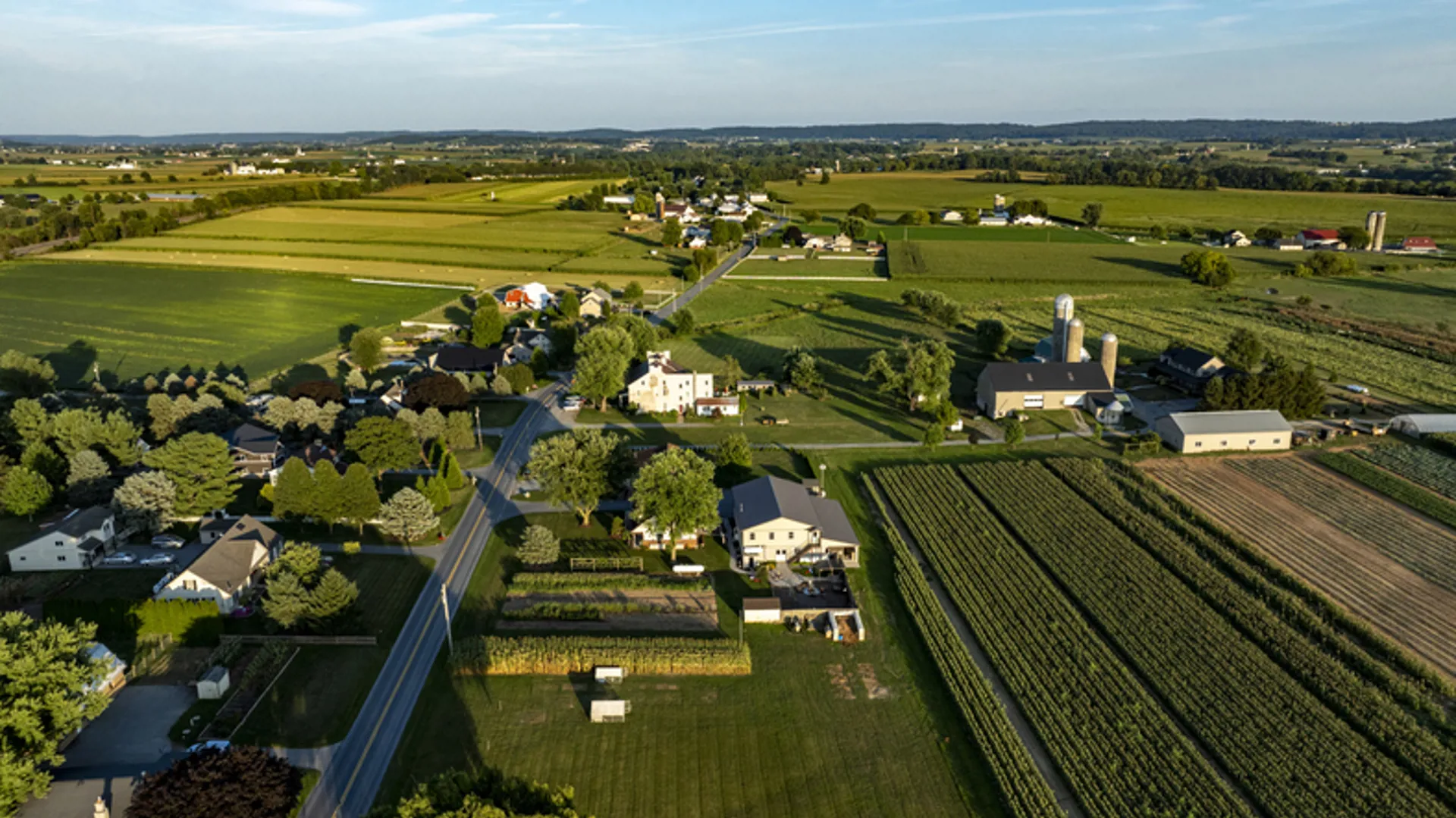 Aerial View of Rural Community with Homes, Gardens, and Farmland