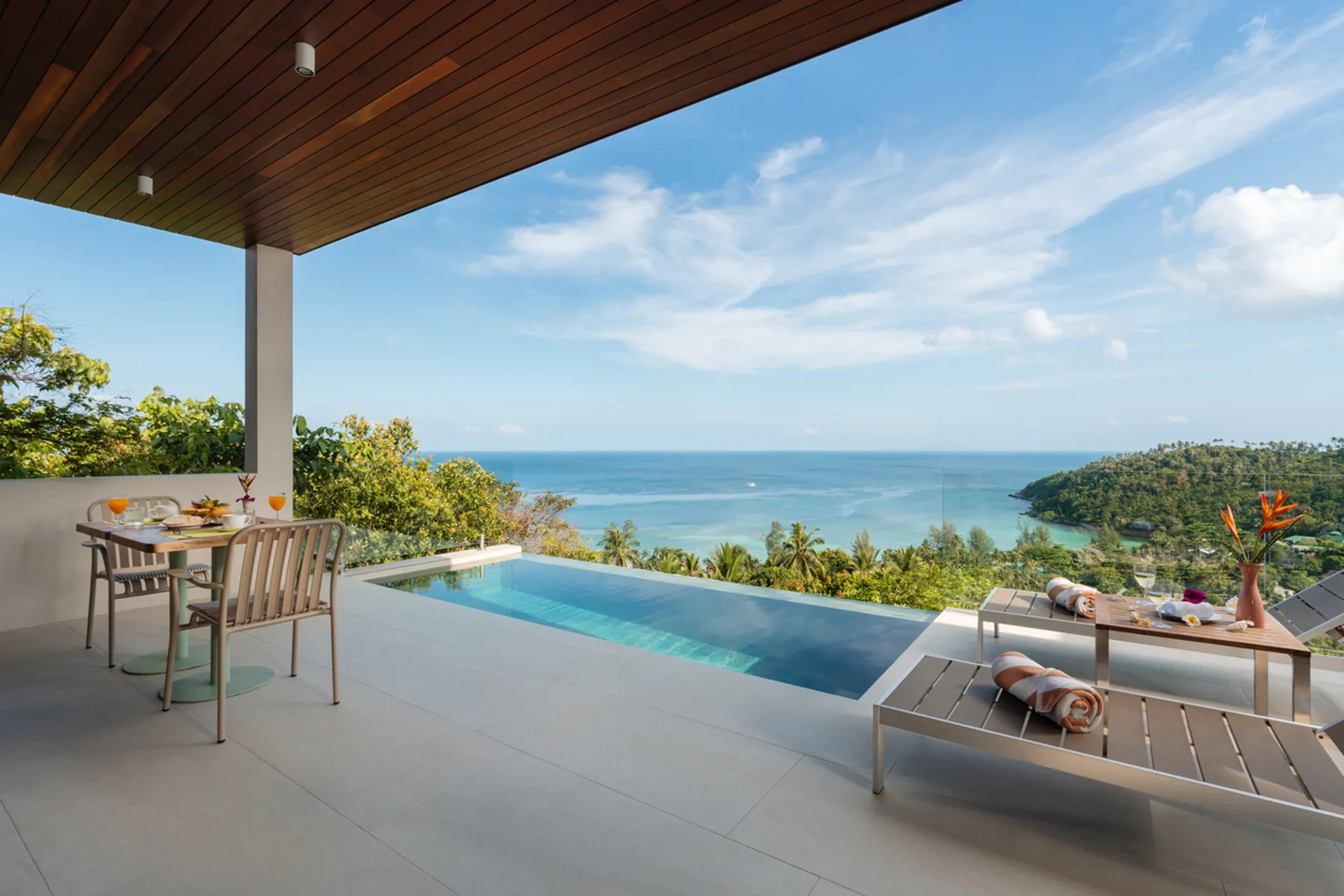 Breakfast on a luxury terrace with an infinity pool