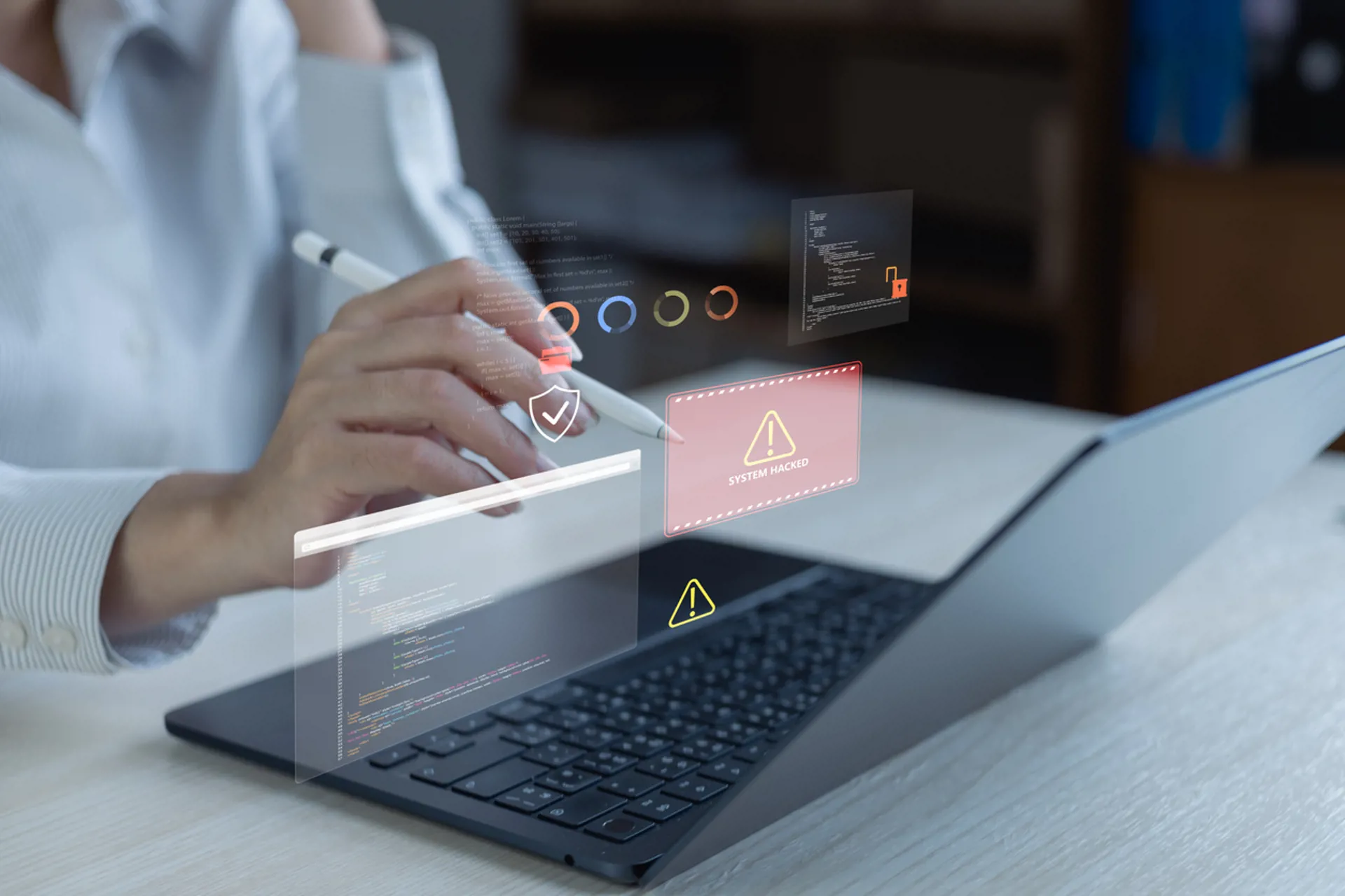 Business user facing cybersecurity warning with system hacked alert