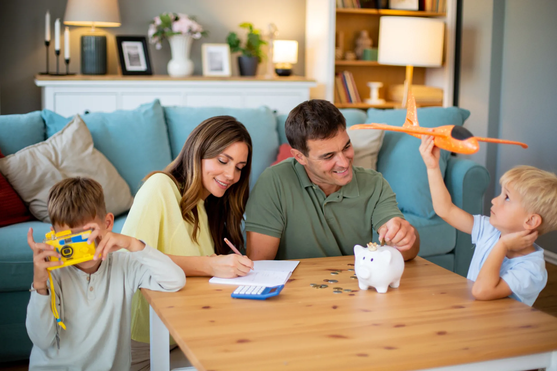 Family budgeting at home, children learning about savings