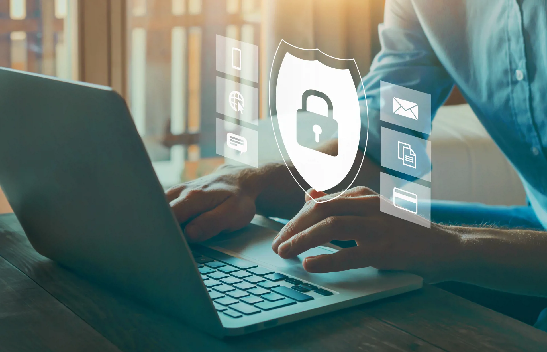 Image of hands typing on laptop with lock graphic