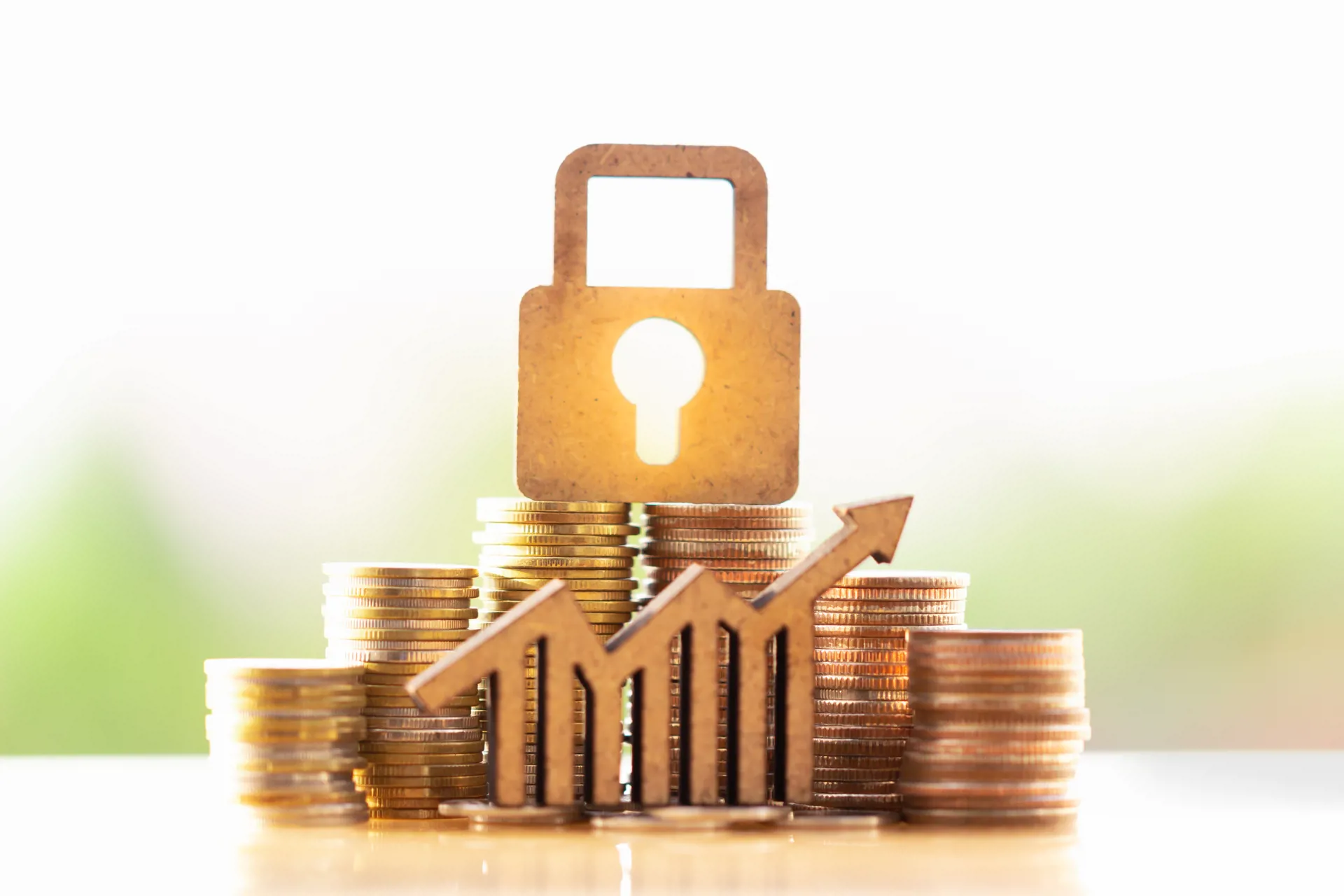 Graphic of lock over coins with arrow to upper right