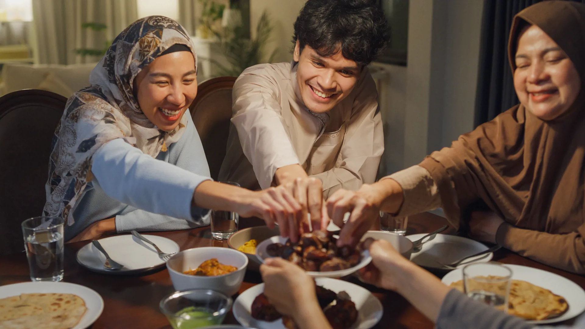 family enjoying halal food